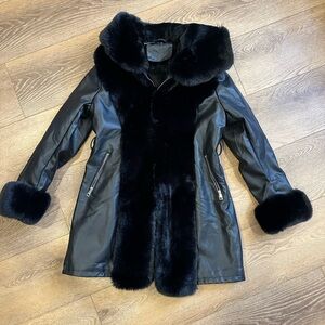 Lux  Black Vegan Leather Jacket with Faux Fur Trim & Hood sz L